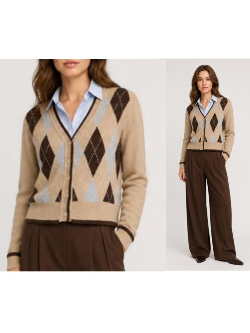 NWOT Beige Diamond Print V-Neck Short Cardigan M